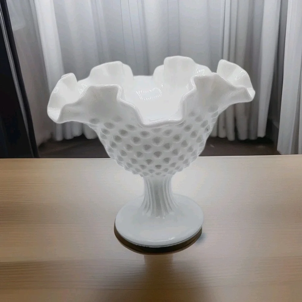 Fenton White Milk Glass Hobnail Ruffled Edge Candy Dish Pedestal Compote Bowl